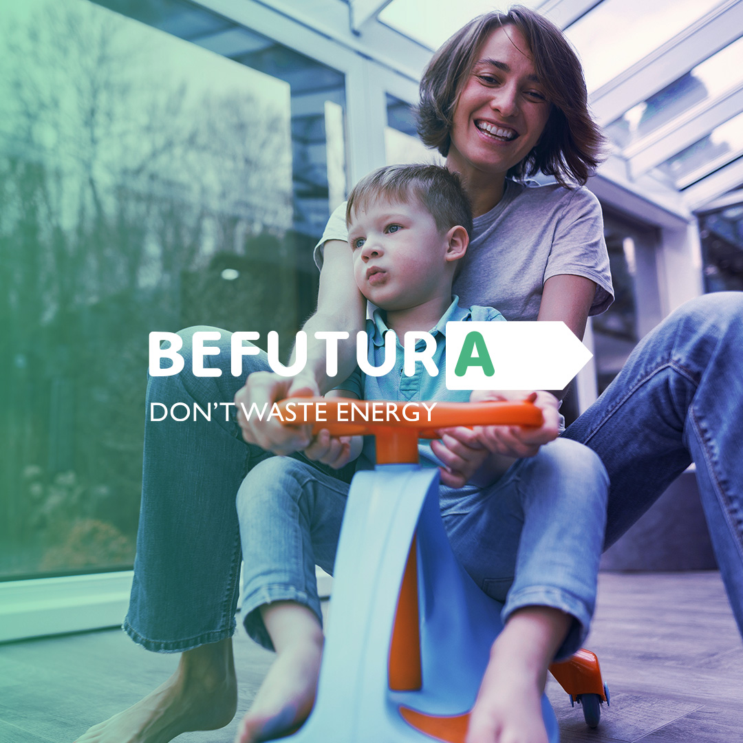 befutura don't waste energy mom playing with child on toy bike